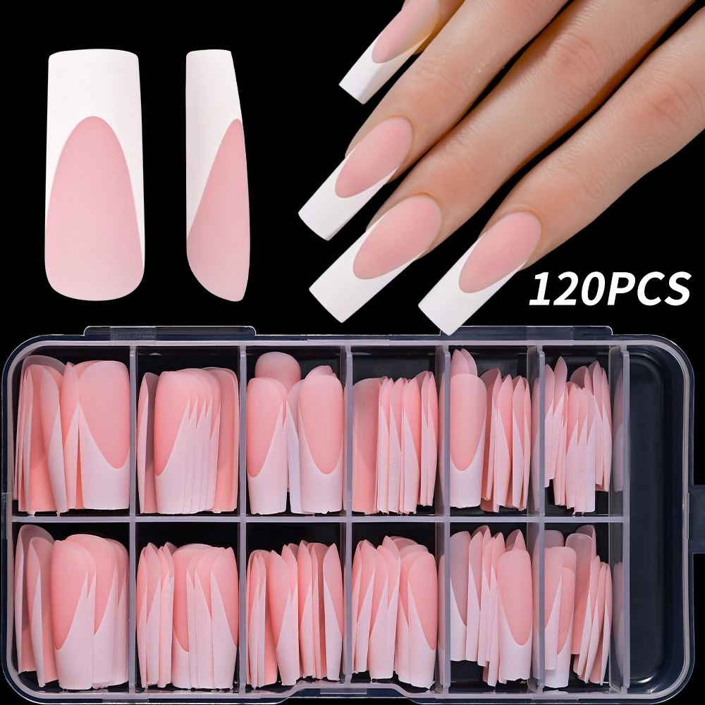 120PCS White French Tip Press On Nails Long Square Pink Nails Full Cover Fake Nail Set Summer Matte Gradient Nails Cute Nails *^