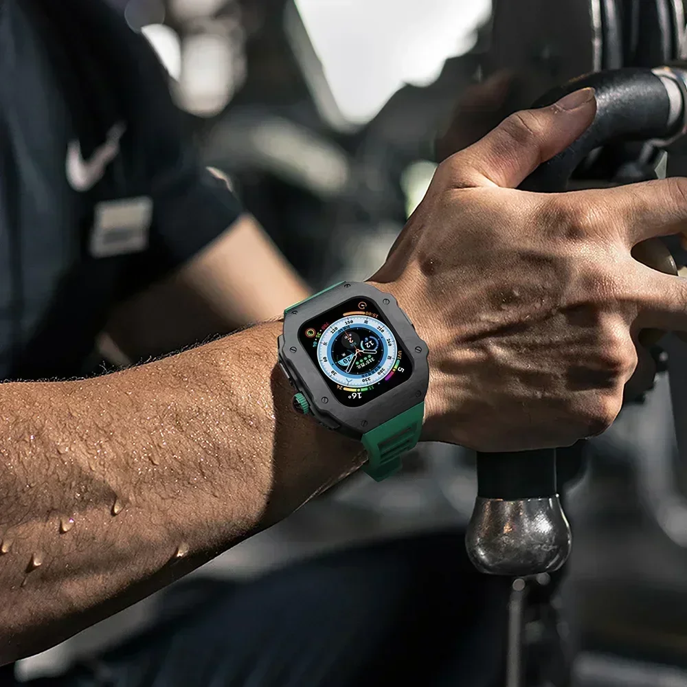 Kit de modificación de caja de fibra de carbono de lujo para Apple Watch Ultra 2, 49mm, 44mm, 45mm, correa de caucho fluorado Iwatch 9 8 7 6 SE 5 Mod