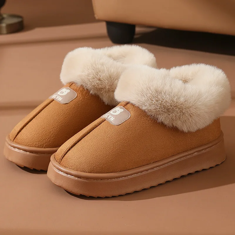 Trendy Faux Suede Womens Winter Boots Fluffy Fur Collar Warm Cotton Shoes Indoor Outdoor Slip On 36 45