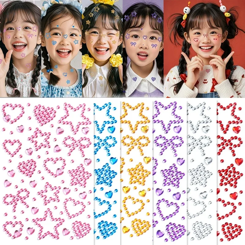 

3D Bowknot Heart Children's Face Stickers Hollow Pentagram Pink Blue Purple Rhinestone Temporary Tattoo Face Body Makeup Sticker