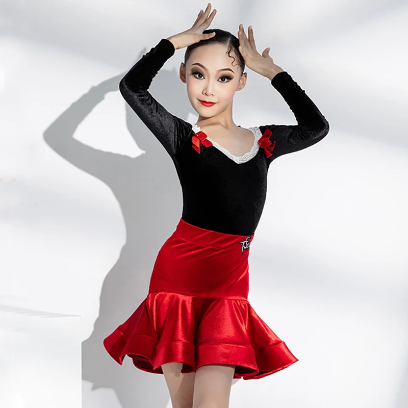 

Winter Kids Samba Tango Chacha Latin Dance Performance Costumes For Girls Velvet Latin Dance Competition Clothes Stage Wear 9270