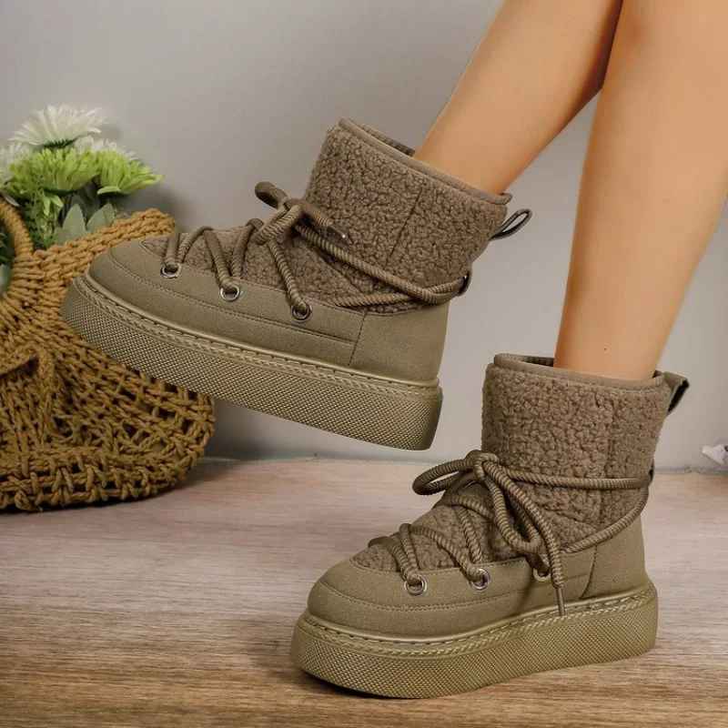 Dames Snowboots met dikke zolen en gekruiste band Dames Winter Ronde neus Flock Pluche Warme middenhak Waterbestendig Casual Warme snowboots