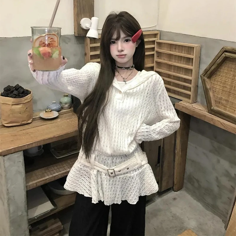 Sweat-shirt à volants ajourés pour femmes, blanc, Simple, manches longues, ceinture, Streetwear, Harajuku, Hottie, mode, tous assortis, nouveaux hauts