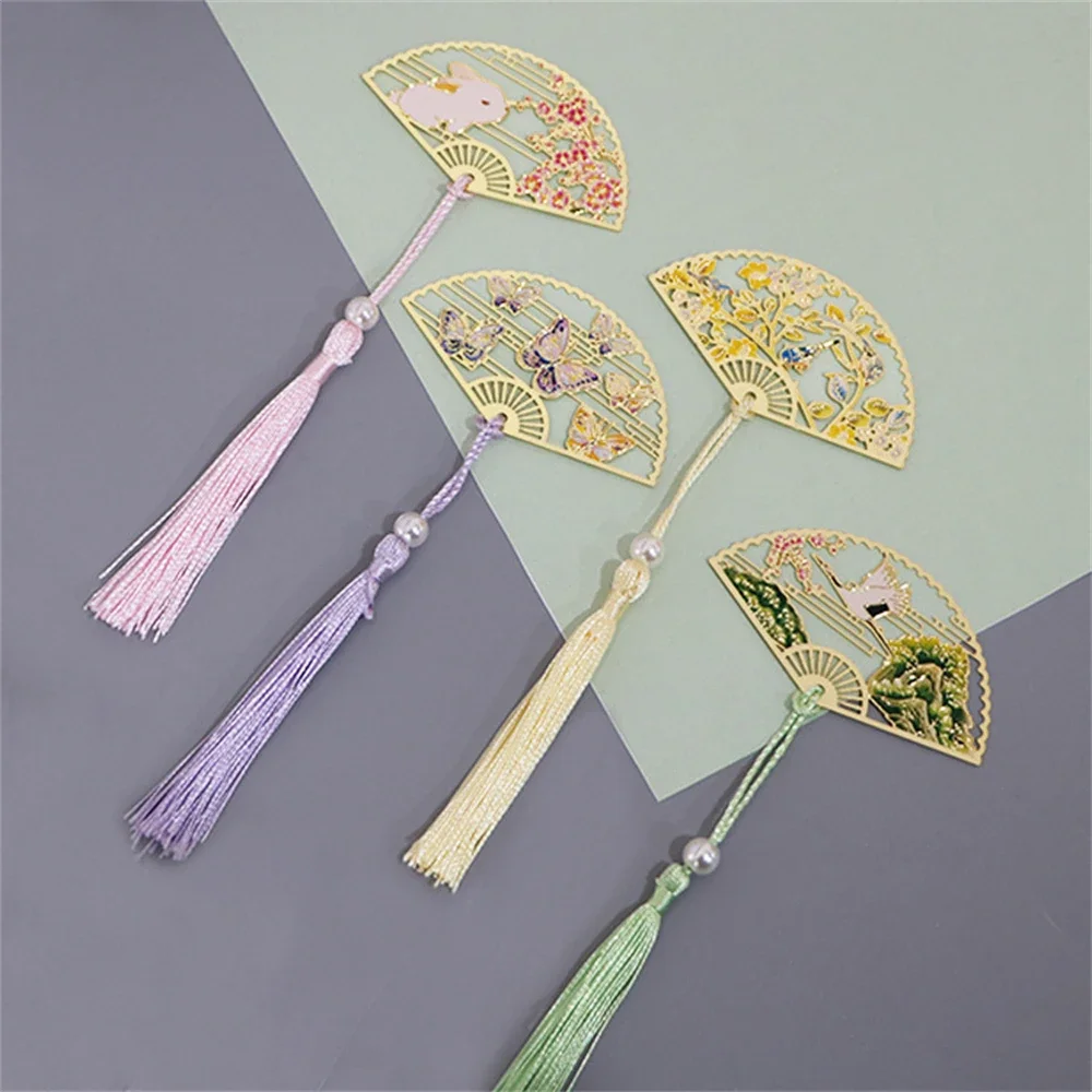 Exquisite Hollow Fan Shape Bookmarks With Tassel Beautiful Chinese Style Metal Book Mark Student Stationery Reading Supplies