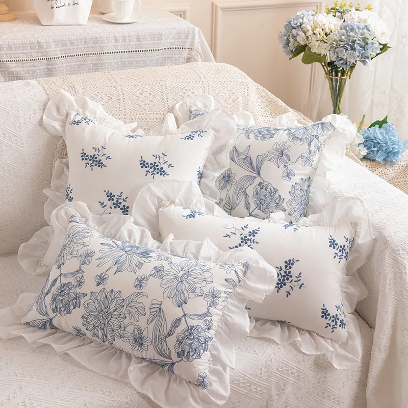 French Romance Pastoral Cushion Cover 45x45cm Lotus Leaf Edge Lace Cotton Flower Embroidered Throw Pillow Cover Sofa Home Decor