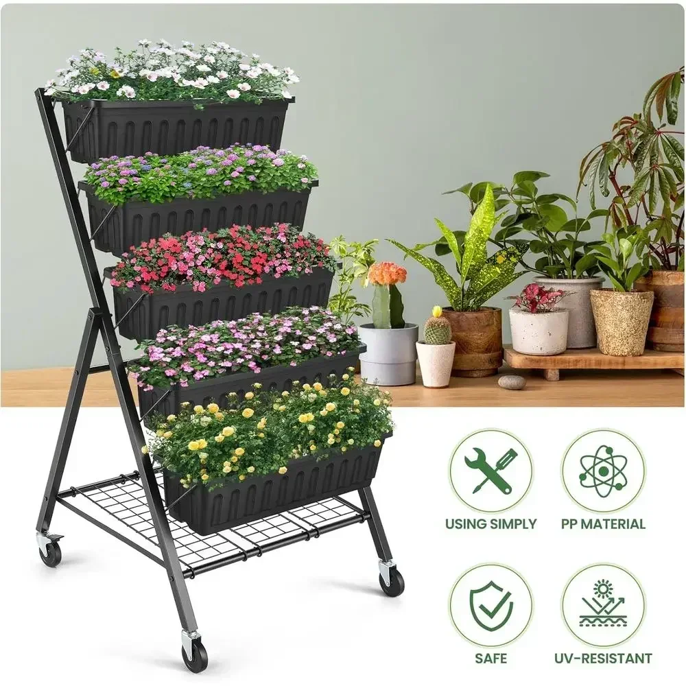 5-Tier Metal Raised Garden Bed with Drainage and Storage Shelf, Ideal for Growing Vegetables and Plants (Black)
