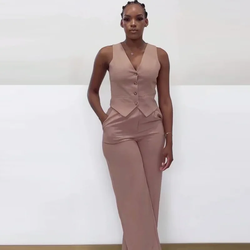 

Women Pant Set Two Piece Sets Wide Leg Long Pants Sleeveless V Neck Vests Single Breasted Elegant Work Casual Y2k Streetwear