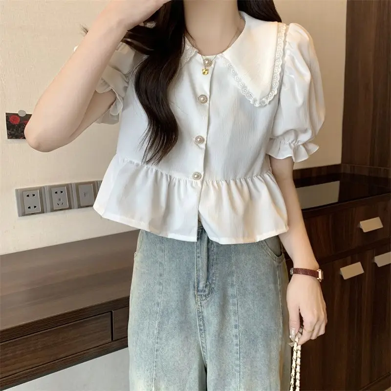 Peter Pan Collar Shirts Women Elegant Ruffles Summer Vintage Party Female Streetwear Puff Sleeve French Style Daily Aesthetic