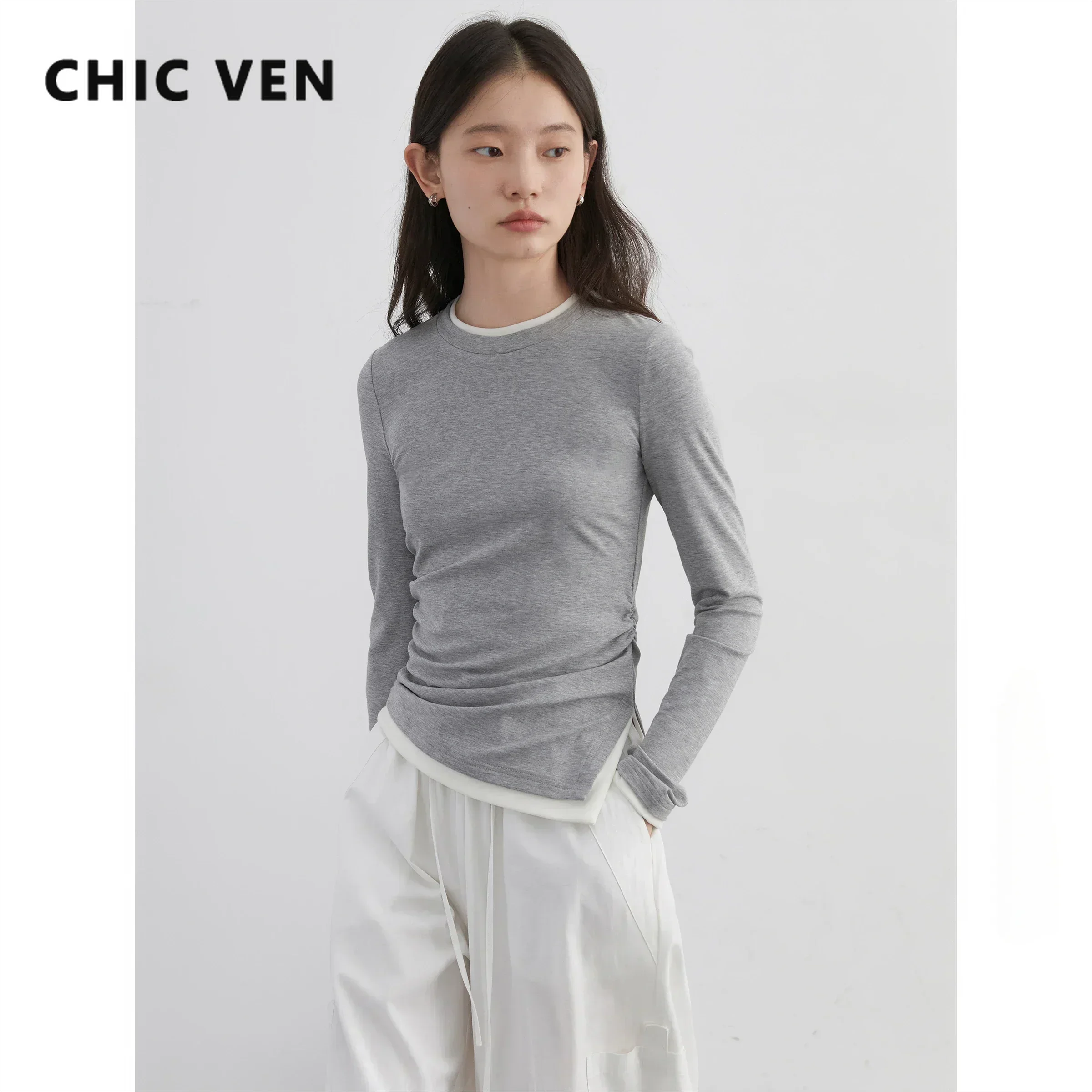 CHIC VEN Women T-Shirts Casual Slim O Neck Contrasting Color Female Tees Pleated Base Woman Top Patchwork Spring Autumn 2024