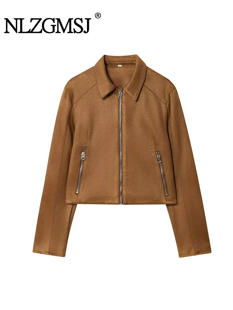 

NLZGMSJ Casual Chic Women Solid Jackets Long Sleeve Turn-down Collar Zipper Coats Fashion 2025 Autumn Streetwear Outwears