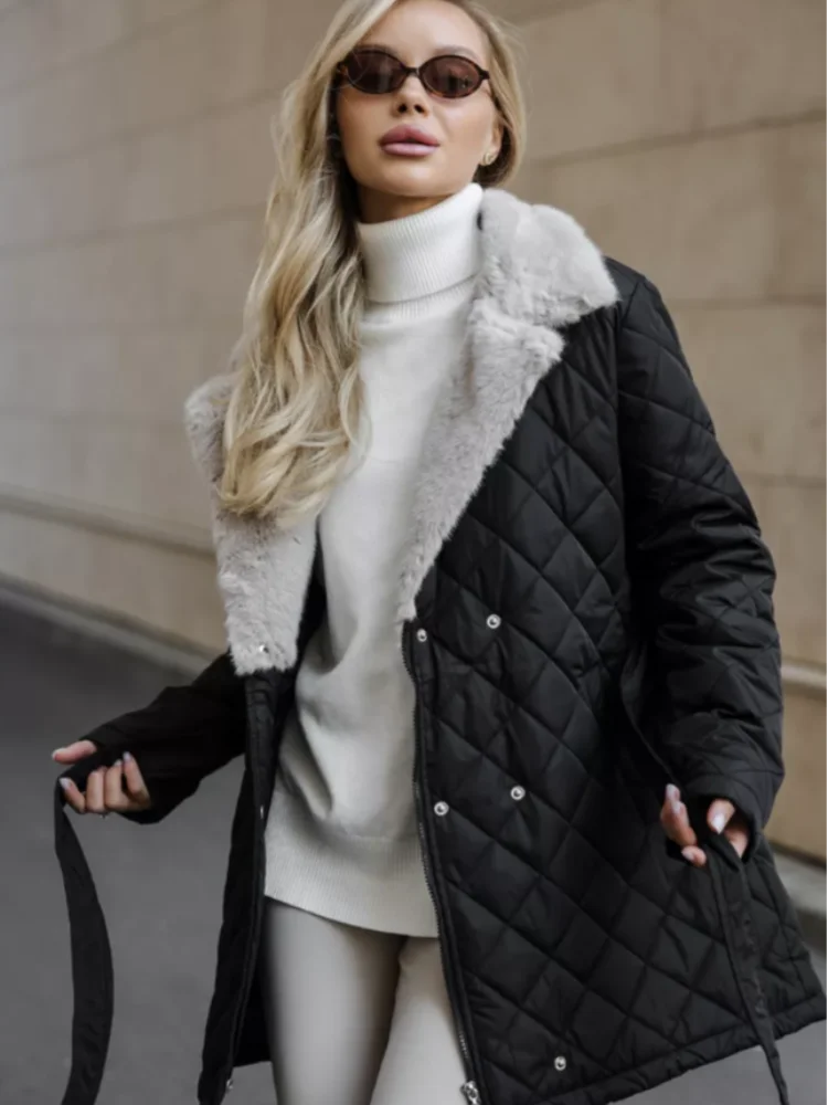 

Черное меховое лоскутное хлопковое пальто на шнуровке, женское шикарное двубортное двубортное пальто с лацканами и v-образным вырезом, женская зимняя уличная одежда