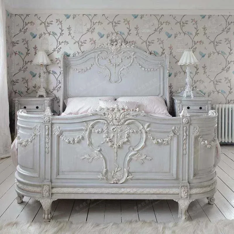 French Vintage Solid Wood Twin Bed for Master Bedroom Home Furniture