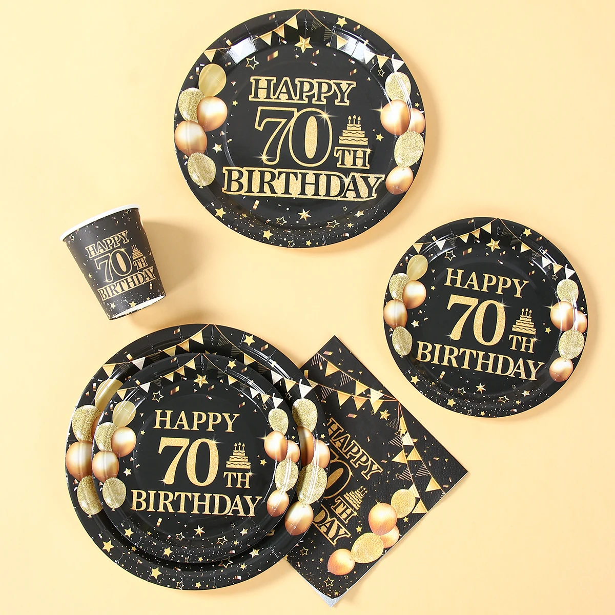 70th حفلة عيد ميلاد أدوات المائدة أطباق ورقية المناديل أكواب الذهب الأسود عيد ميلاد الديكور الرجال النساء 70 سنة عيد ميلاد الديكور