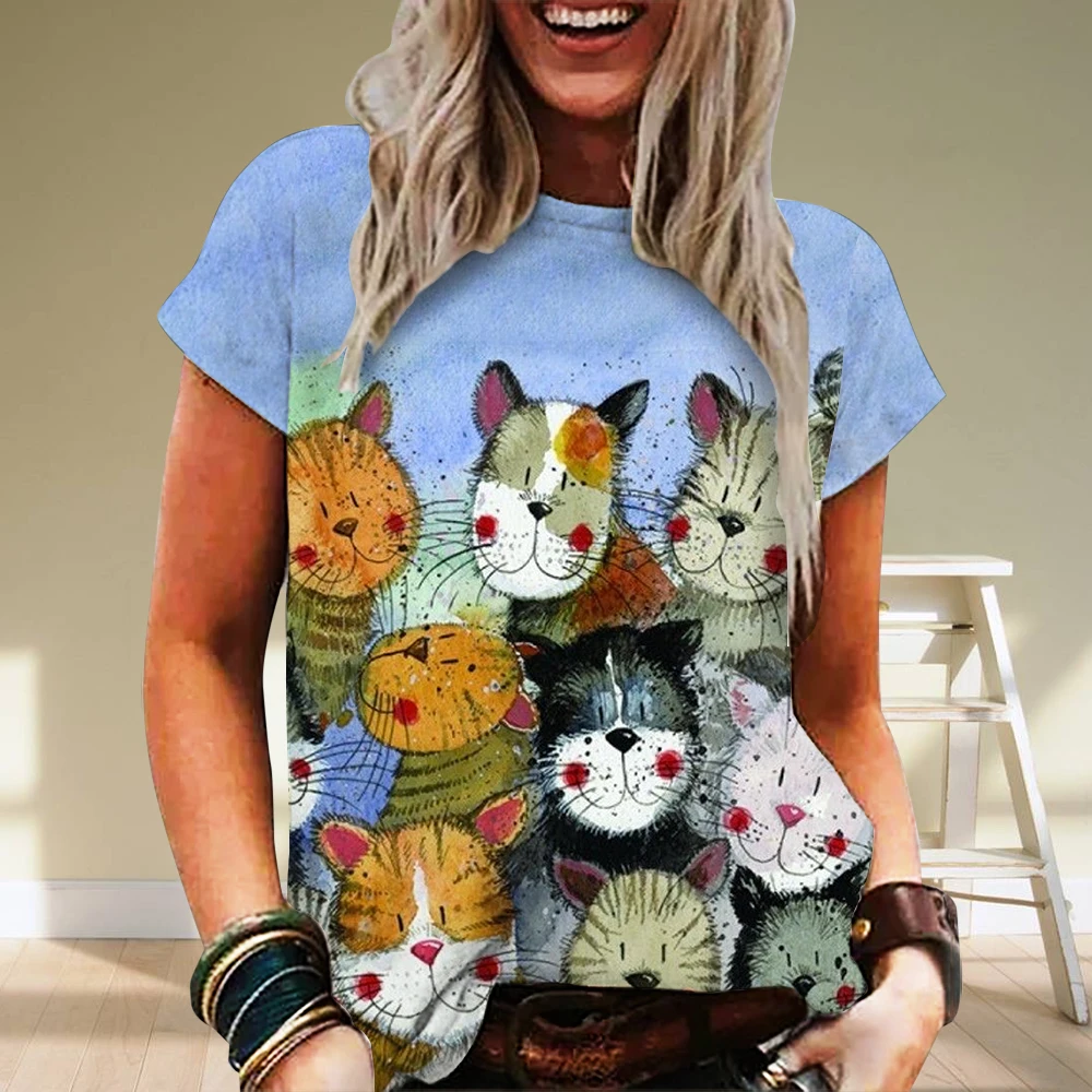 Summer Women Cartoon Cat T-Shirt Fashion Trend Tops Ladies Casual Short Sleeve 3D Printed Clothing Girls O-Neck Elegant Tees