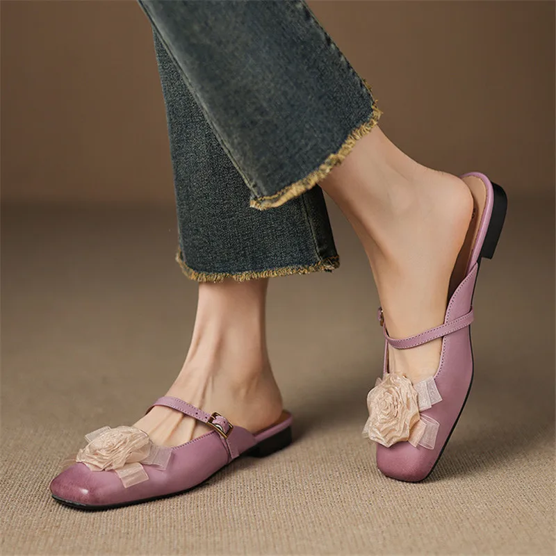 

New Summer Slippers Genuine Leather Slippers for Women Fashion Flower Square Toe Shoes Low Heels Cover Toe Slippers Sandals