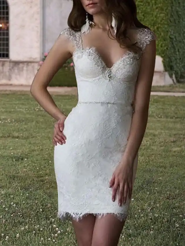 2 قطعة غمد/عمود فساتين الزفاف الخامس الرقبة الاجتياح فرشاة ذيل انفصال الدانتيل تول رومانسية الزنانير أشرطة الديكور يزين