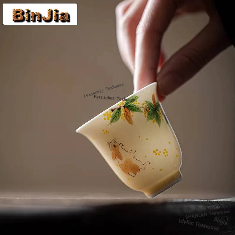 50ml Pure Hand-painted Osmanthus Tea Cup Small Rabbit Ceramic Master Cup Smelling Meditation Cup Kung Fu Teaset Drinking Craft