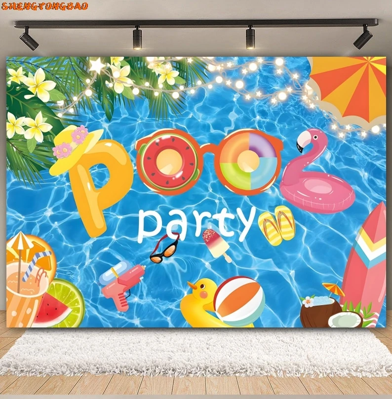 

Summer Hawaiian Pool Party Backdrop Swim Ring Swimming Beach Ball Flamingo Baby Birthday Photography Background Photo Studio