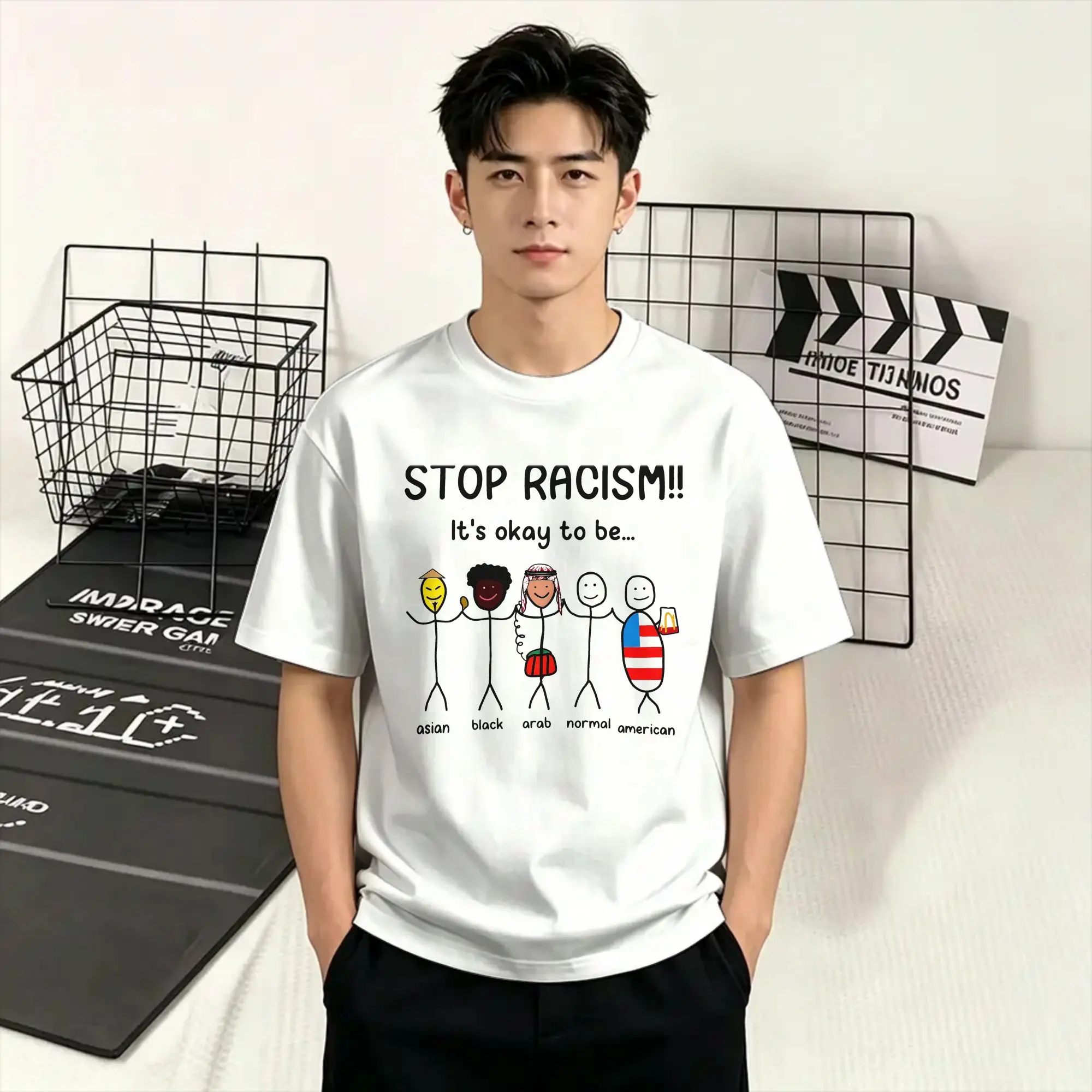 Unique Stop Racism Its Ok to Be T-Shirt Men Crewneck Cotton T Shirt  Short Sleeve Tees Birthday Gift Clothing
