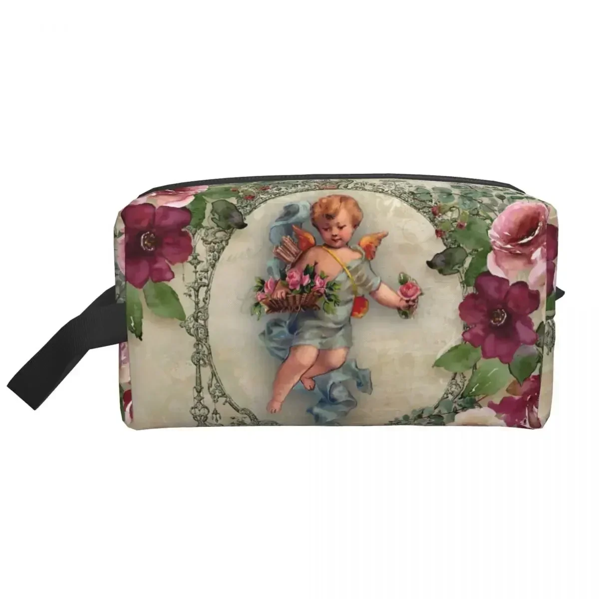 Cute Victorian Angel Print With Vintage Rose Bouquets Shabby Chic Toiletry Bag Makeup Cosmetic Organizer Beauty Storage Dopp Kit