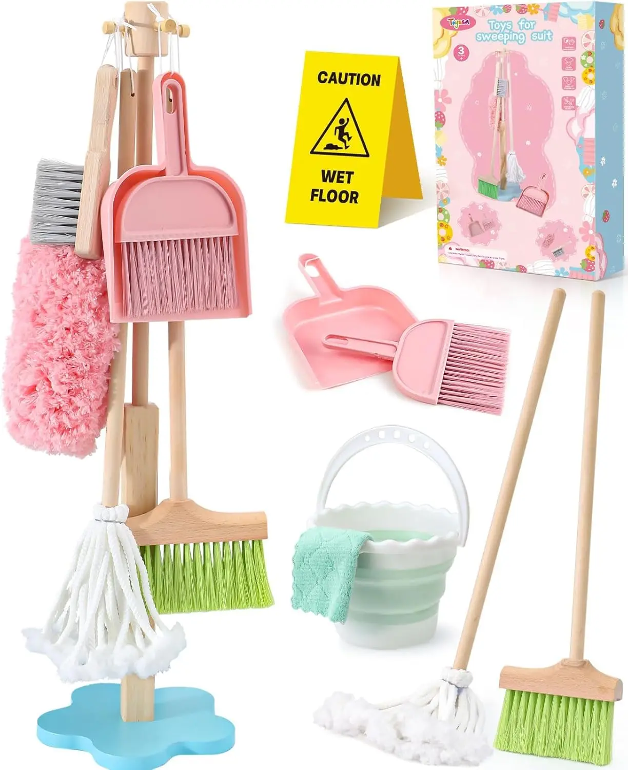 

Wooden Kids Cleaning Toy Set, 12 Pcs Detachable Mop Broom Dustpan Pretend Play Housekeeping Toys for Boys Girls Ages 3-6