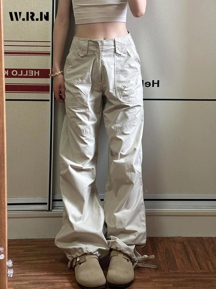 

Casual Overalls Solid Color Loose Wide Leg Pants American Retro 2000's Oversized Y2k Women's High Street Cargo Street Pants