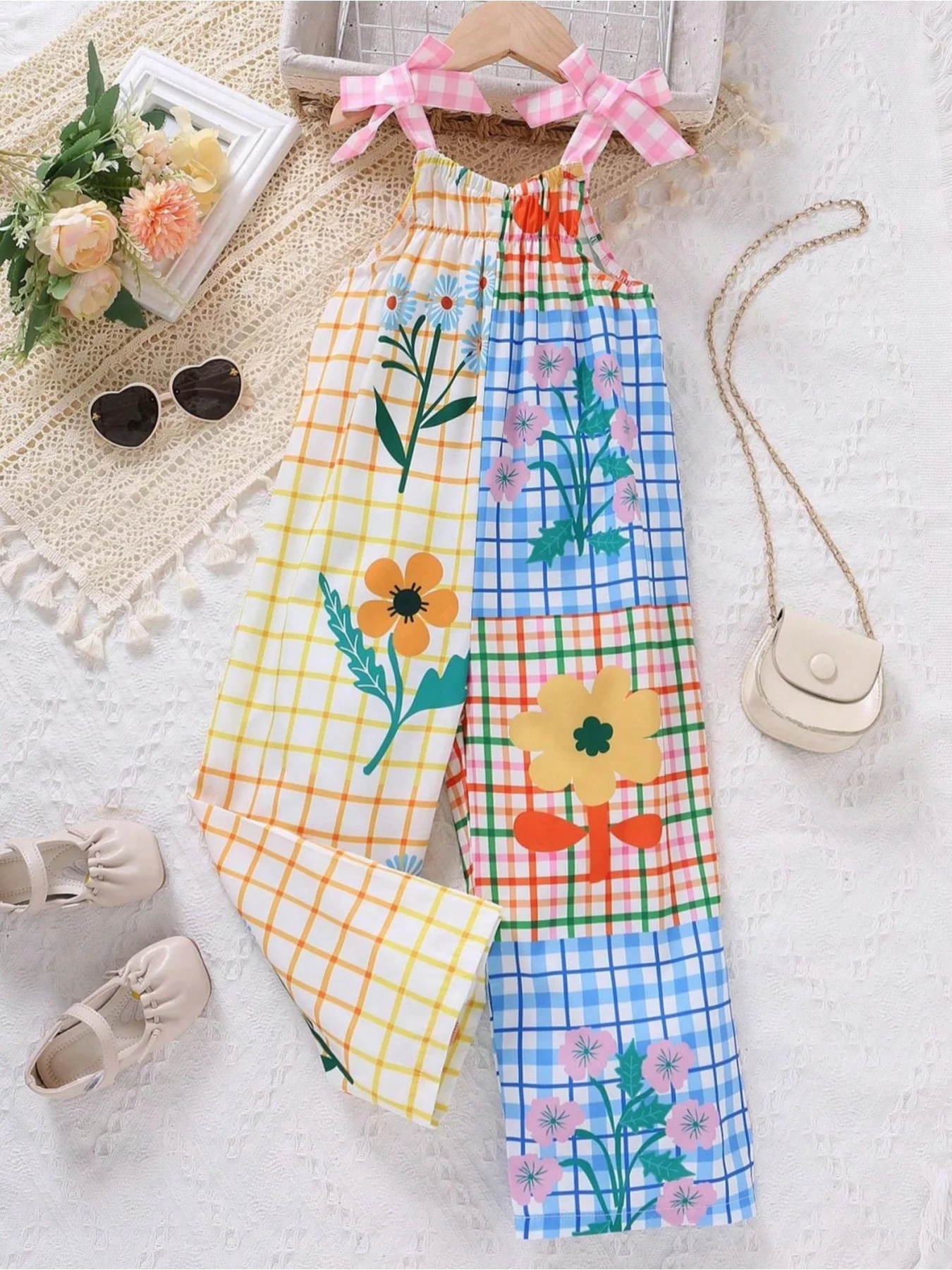 Leisure girls' summer plaid flower color blocked bow wide leg pants, overalls, pants jumpsuit, children's clothing