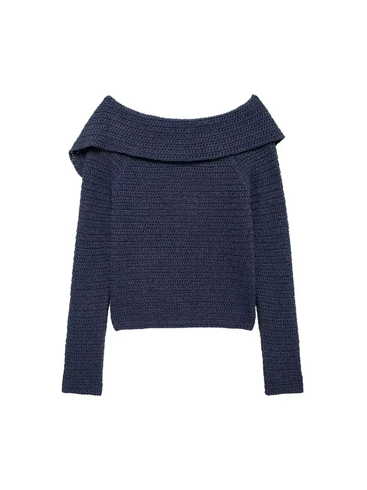 TRAF 2024 Autumn Off Shoulder Knitted Women Cardigan Foldsover Single Breasted Slim Sweater Jacket Female Crop Top Y2K