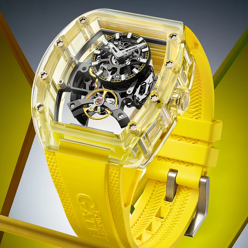 Reloj Automático BONEST GATTI para hombre, reloj de pulsera mecánico Tonneau, caja de cristal, relojes con correa de goma para hombre