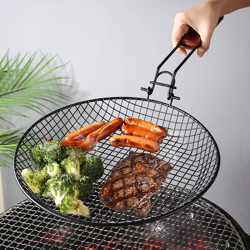 

Stainless Steel Folding Barbecue Basket Barbecue Net Barbecue Pot Wooden Handle Outdoor Circular Frying Basket