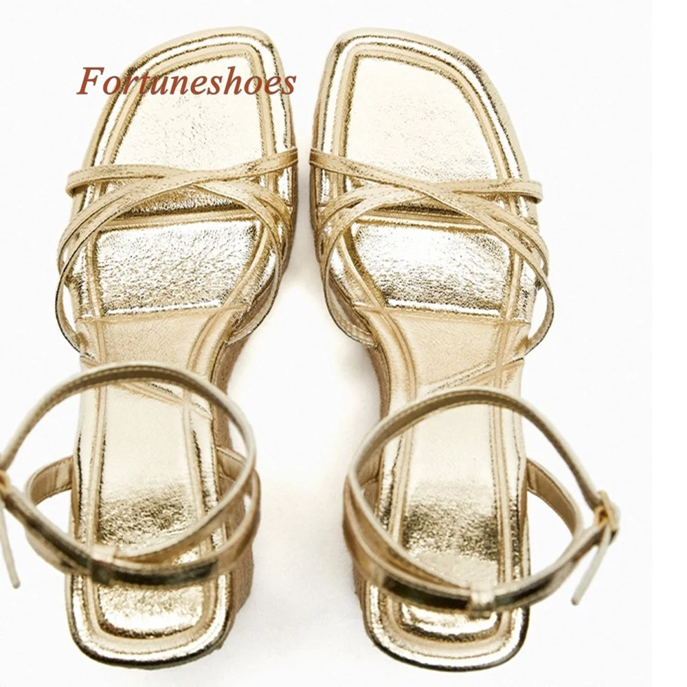 Platform Square Toe Wedges Heel Sandals Summer 2024 Newest Fashion Casual Shoes One Word Belt Buckle Gold Solid Women Sandals