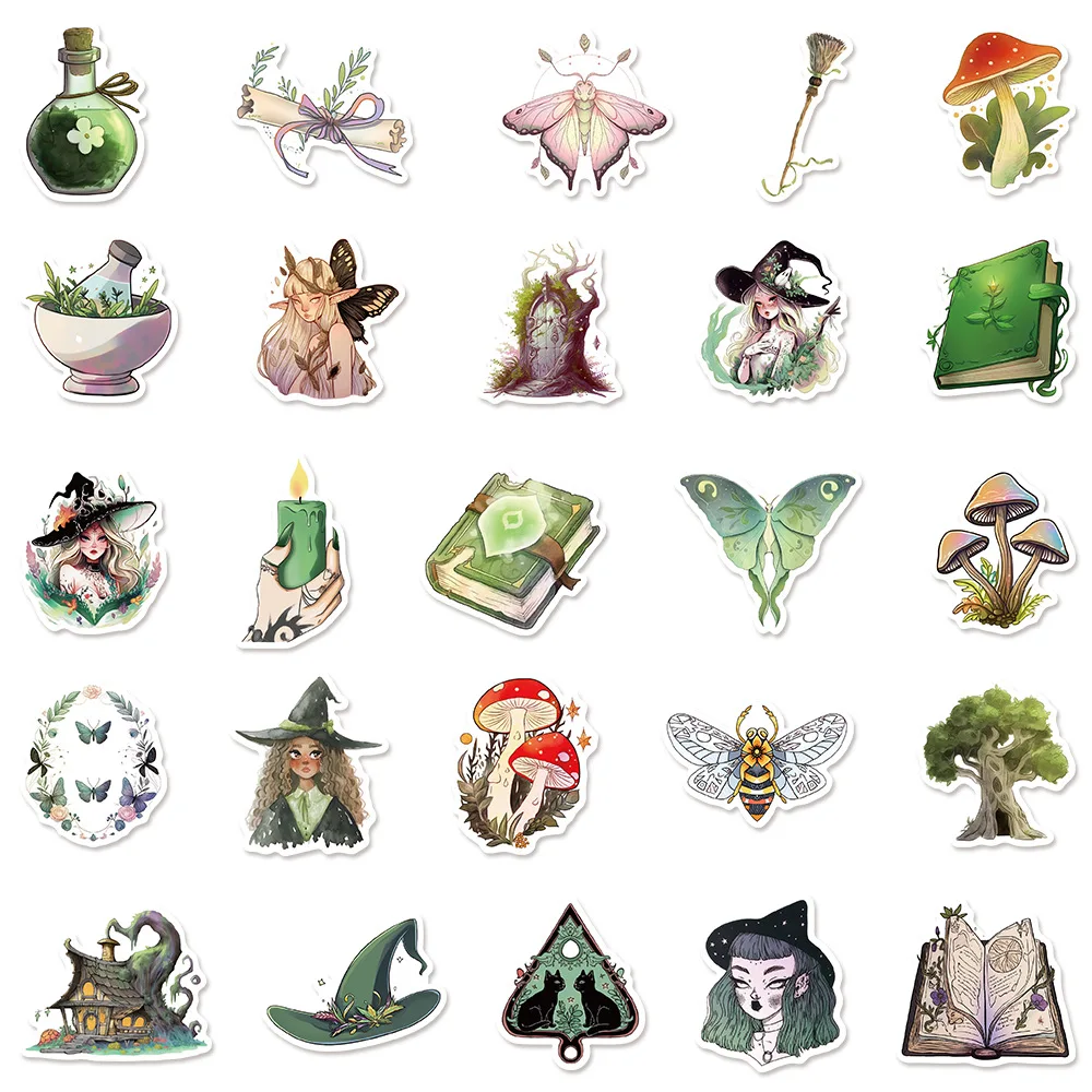 10/30/50PCS Green Forest Witch Cartoon Sticker DIY Phone Laptop Luggage Skateboard Graffiti Decals Fun for Kid Toy