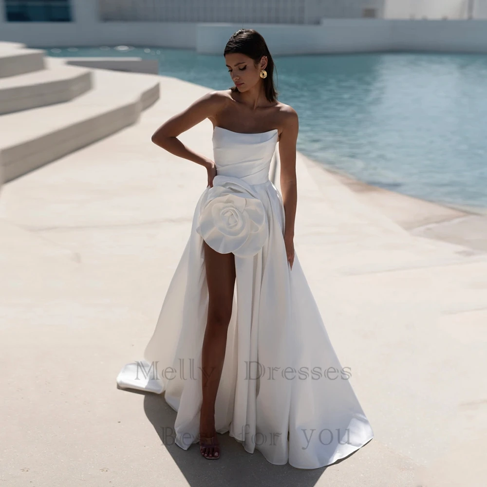 Beach Strapless Wedding Dresses With Side Silt Lvory Simple Sleeveless Bridal Gown With Flowers For Woman New Vestido De Novia