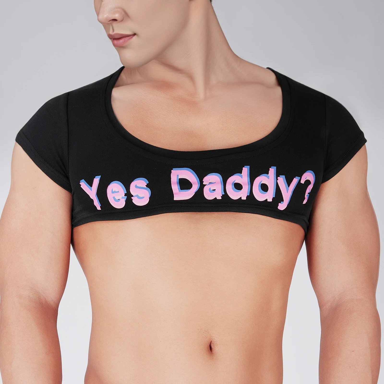 

Men Short Sleeve Tees Bra Blouse Crop Tops Stretchy Summer Sexy Club Short Tees Crop Top Letters Printed Male Cropped T-shirt