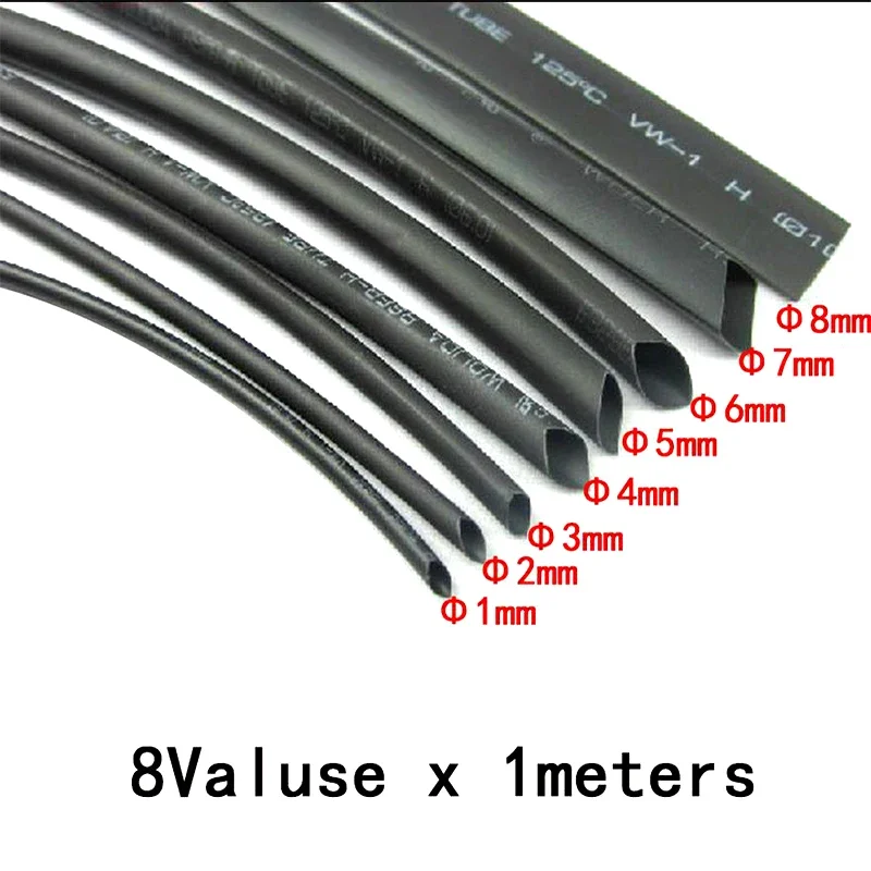 8 Metri/set Tubi Termoretraibili 1/2/3/4/5/6/8mm 2:1 Nero Isolamento Termoretraibile Avvolgimento Termoretraibile per Cavo FAI DA TE connettore Kit di cavi