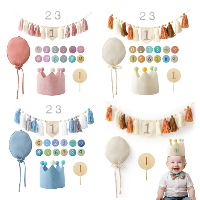 Baby Wooden Milestone Card Tassels Banner Cotton Balloon Crown Headband Hat Star Stick for Kids Birthday Party Photography Props