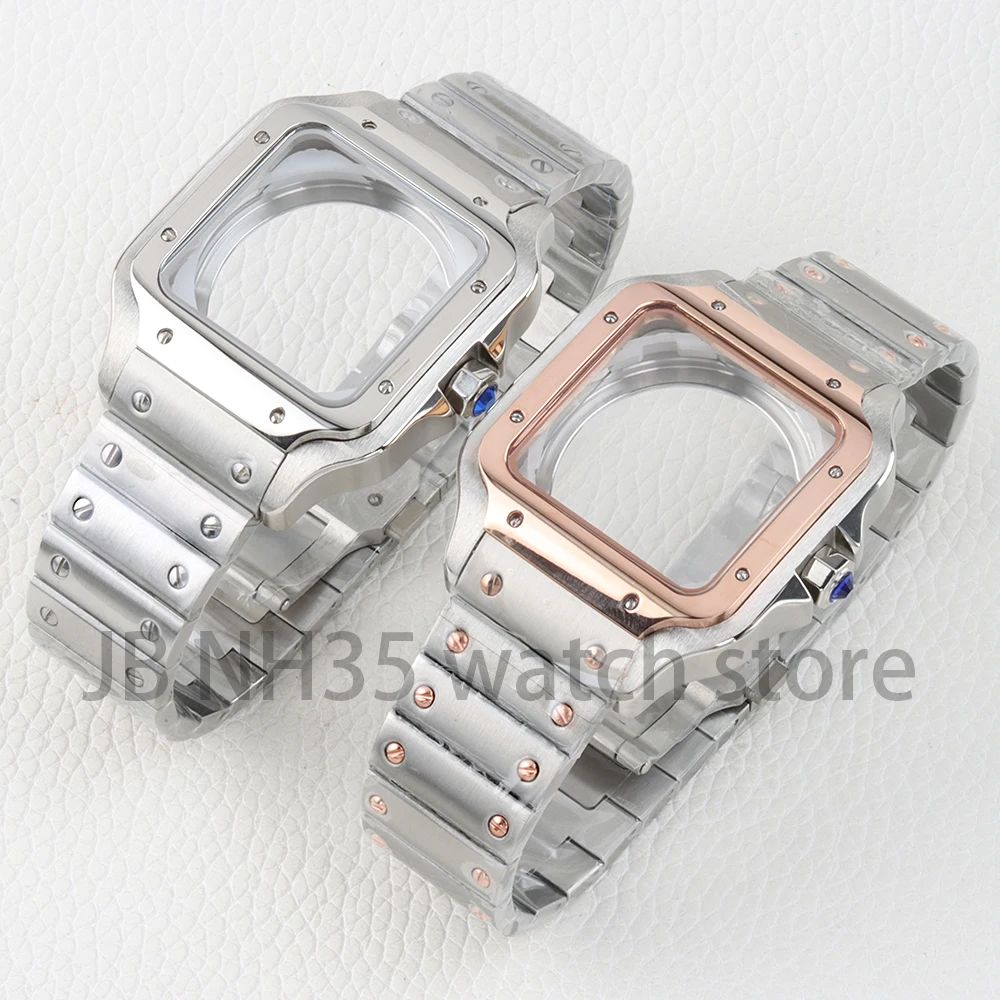 

38mm Square Case Solid 316L Stainless Steel Bracelet for Santos NH35 NH36 NH38 Automatic Movement 27mm Dial 100m Waterproof
