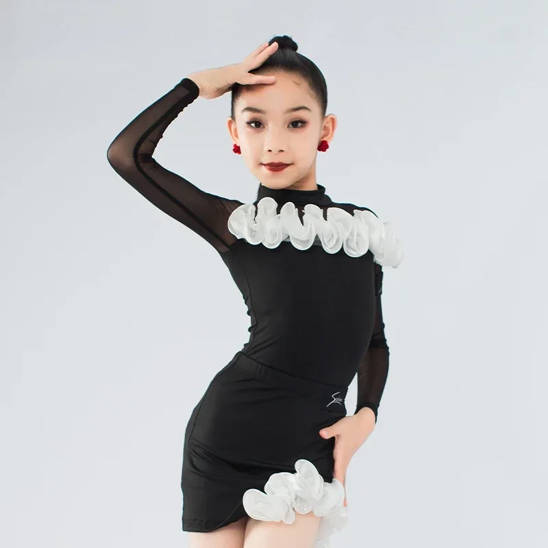 

Child Salsa Rumba Tango Performance Costumes Girl Long Sleeve Dress Ballroom Elegant Latin Dress Dance Latin Practice Dress