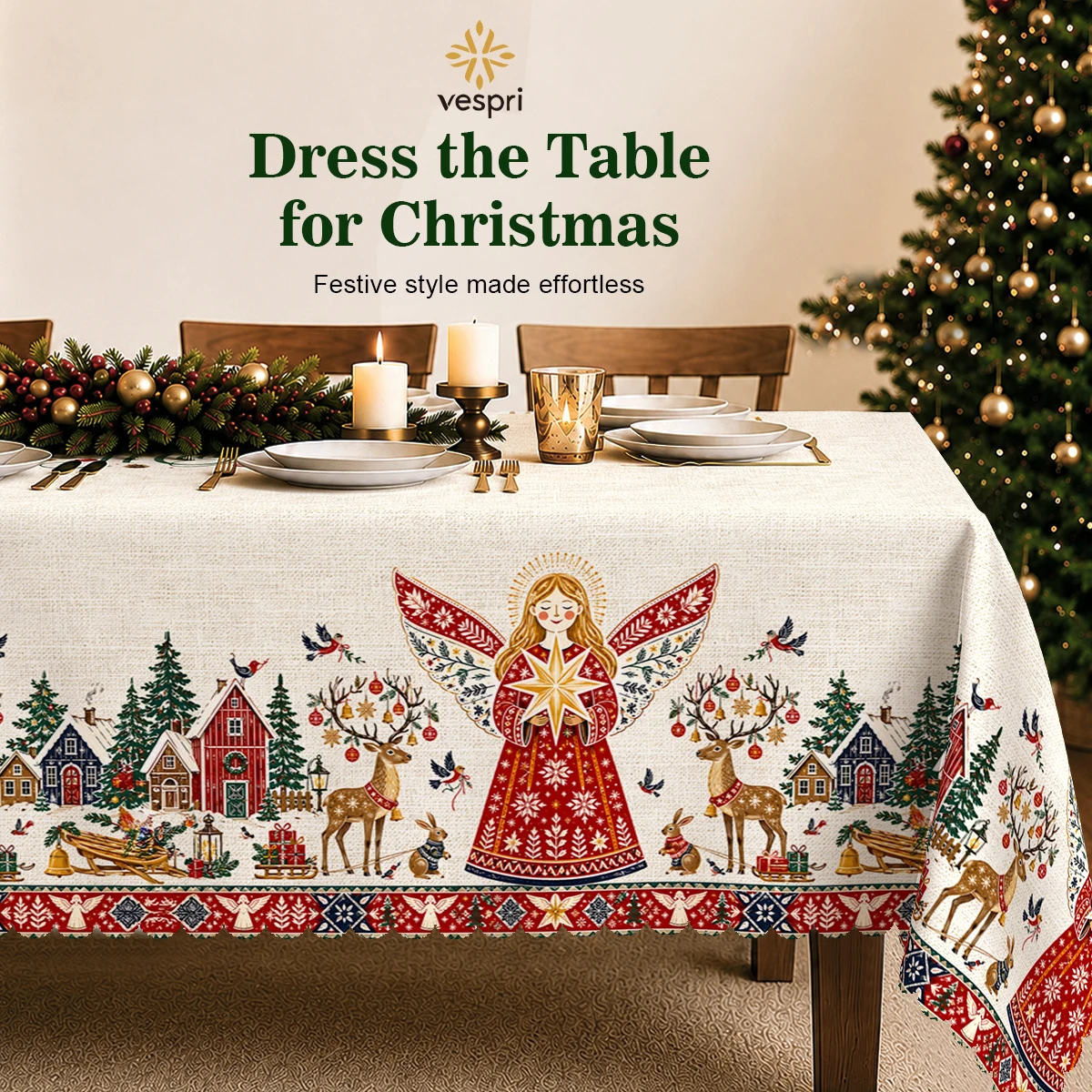 Nativity Tablecloth with Angels, Trees, Ornaments for Indoor/Outdoor Camping decor, Rectangular/Round/Oval