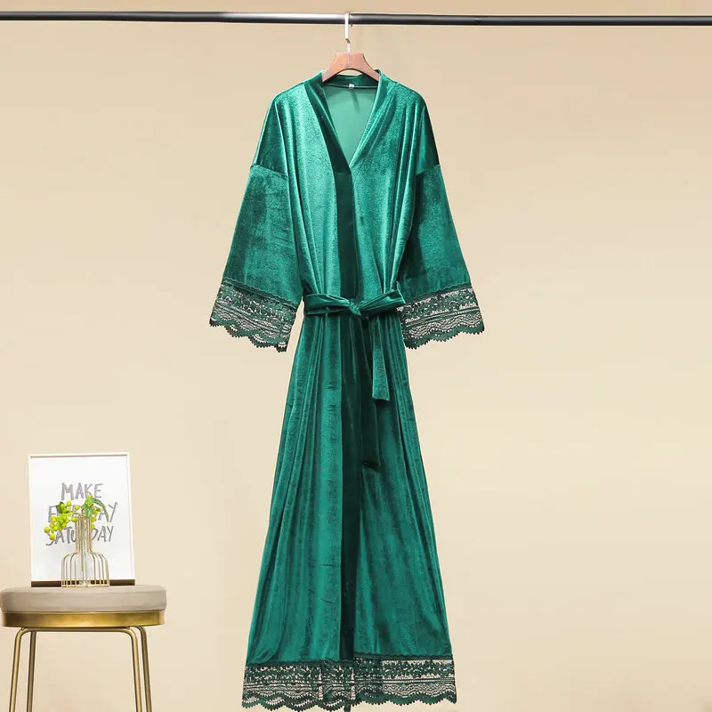 Sleepwear Dressing Gown Nightdress Autumn Winter Velvet Nightgown Kimono Robe Sexy Lace Long Nightwear Bathrobe Loose Home Wear