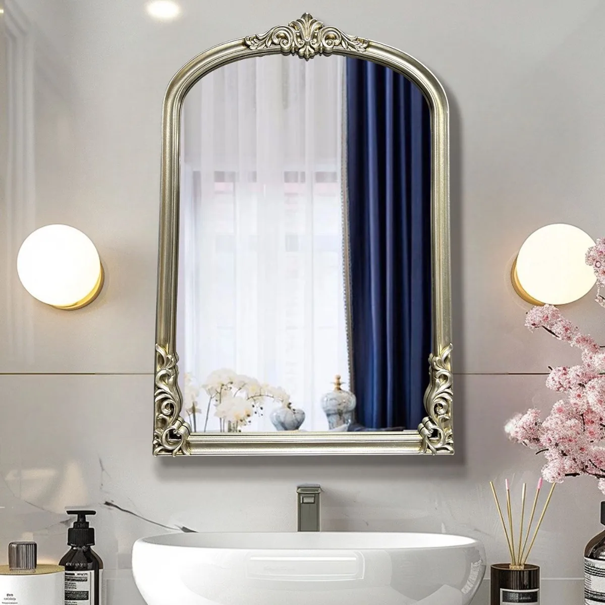 French bathroom mirror European retro hollow carved bathroom mirror art