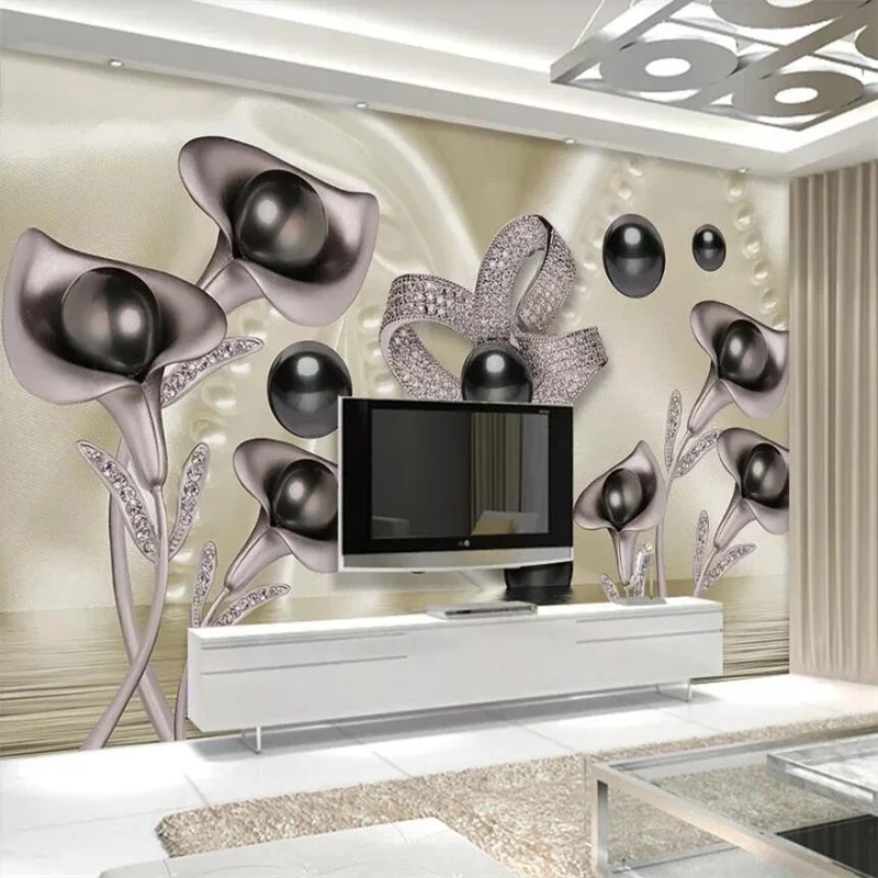 

Custom wallpaper 3d mural calla butterfly water wave reflection background Relief New Chinese Tulip Jewelery decorative murals