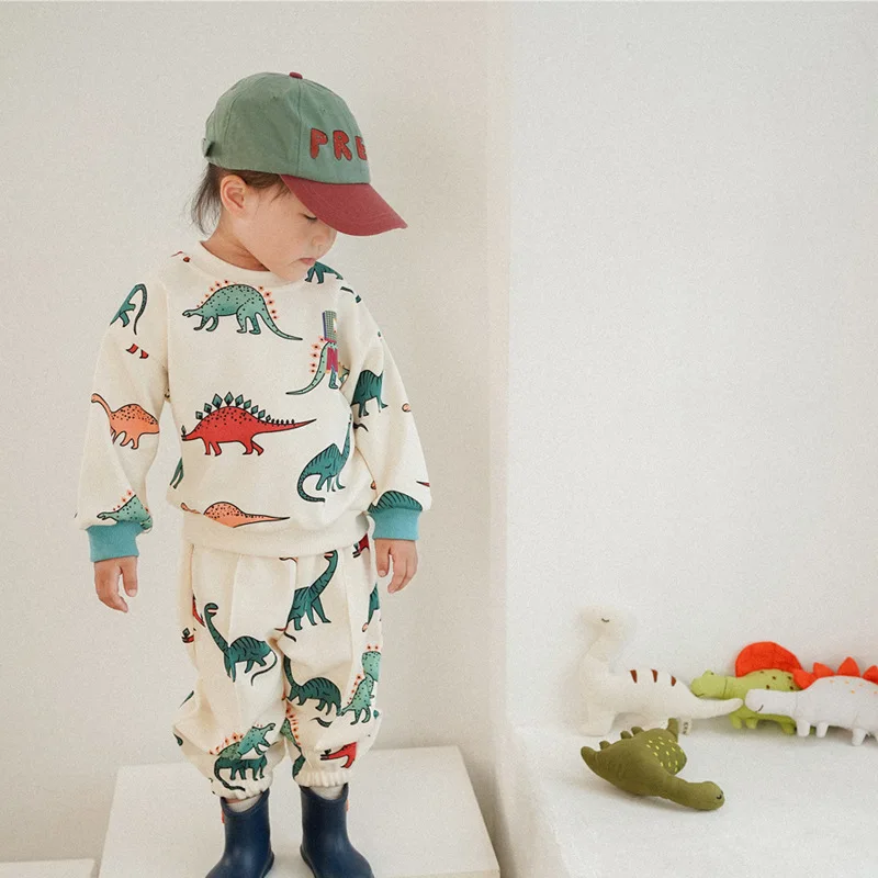 Spring Autumn Children Girl 2PCS Clothing Set Cotton Cartoon Dinosaur Pullovers Jogger Pant Baby Girl Tracksuit Kid Girl Outfits