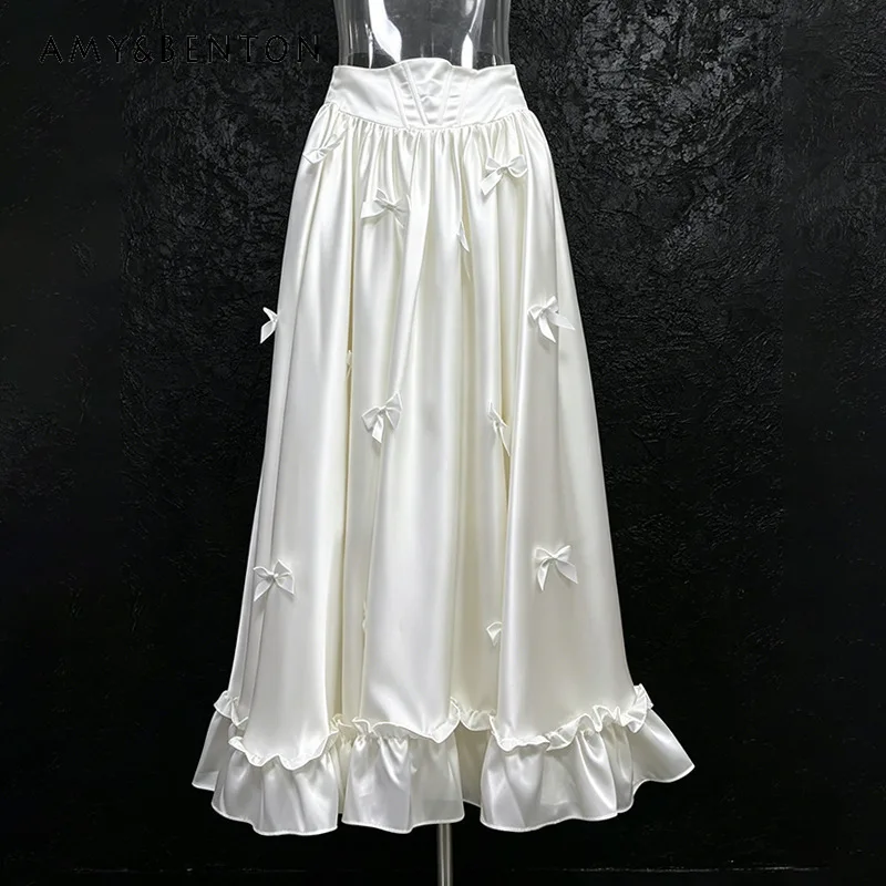 

French Design Solid Color Temperament Women's Long Skirt 2026 Spring Fish Bone Three-dimensional Bow Decorative Skirts Ladies