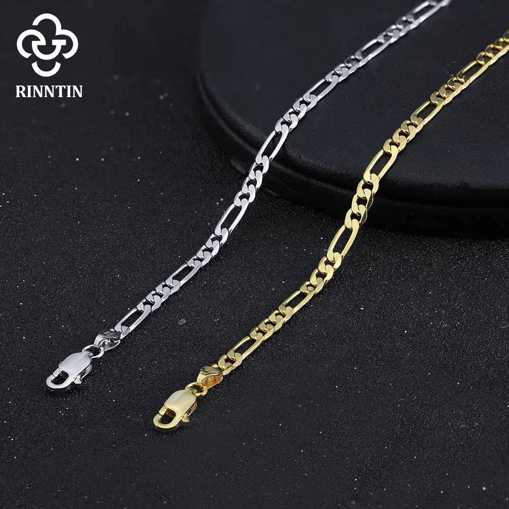 Rinntin Fashion 925 Sterling Silver Italian 3.3mm Diamond-Cut Figaro Link Chain Bracelet for Women Handmade Jewelry SB66