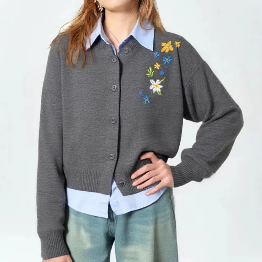 

Mingmingxi Women's Vintage Floral Embroidered Sweater Cardigan Loose Button Up Sweater for Spring and Fall Office Lady Knitwear