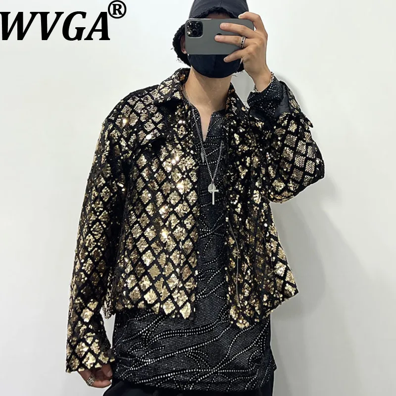 

WVGA весна осень новые мужские модные пиджаки с отложным воротником и блестками нишевые шикарные повседневные уличные короткие пиджаки Ins W18079