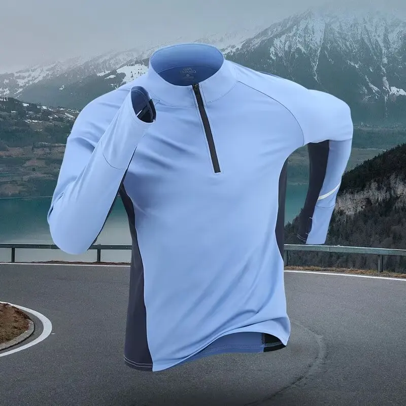

Sports quick drying long sleeved men's 2025 autumn and winter warm running T-shirt with half zipper top for outdoor cycling trai
