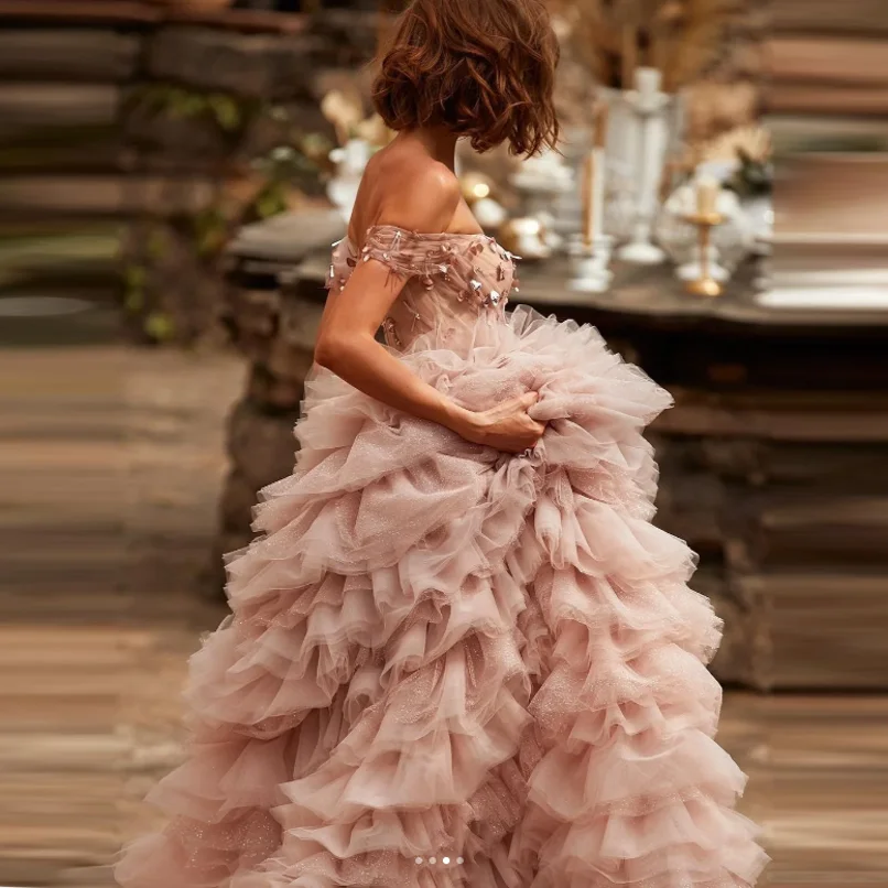 Robe de Rhen tulle à volants roses blush, appliques perlées, hors de l'événement initié, robes de soirée azole, robe à lacets pour les patients de plage, quelle que soit la 2024