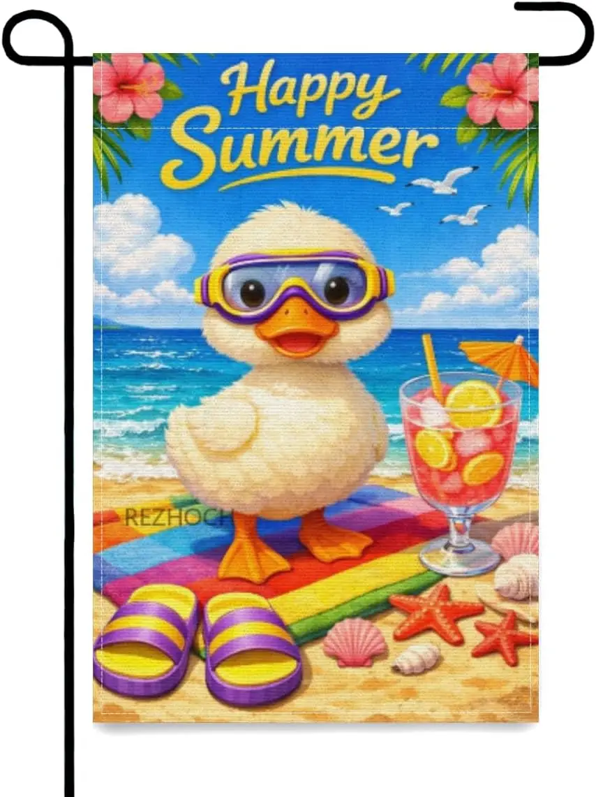 Happy Summer Fun Duck Garden Flag 12x18Inch,Sea Beach Outside Yard Flags Cute Animal Seagull Seasonal Holiday Outdoor Double ZZM